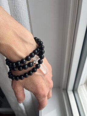 SAMATA STONES Matte Onyx & Clear Quartz Mala Necklace Yoga Healing Crystals